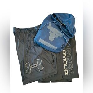 Under Armour Bundle Black Athletic Shorts with Short Sleeve Hooded Shirt Mens M